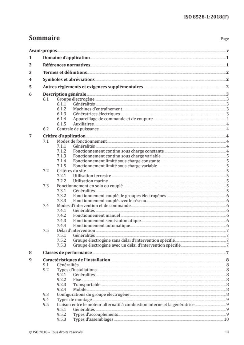 ISO 8528-1:2018 ISO 8528-1:2018 - Groupes électrogènes à courant alternatif entraînés par moteurs alternatifs à combustion interne — Partie 1: Application, caractéristiques et performances/2/2018 - Page 3 preview