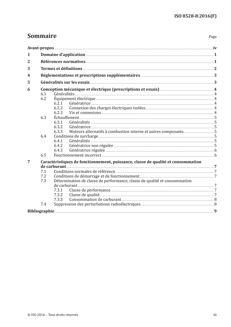 ISO 8528-8:2016 ISO 8528-8:2016 - Groupes électrogènes à courant alternatif entraînés par moteurs alternatifs à combustion interne — Partie 8: Prescriptions et essais pour groupes électrogènes de faible puissance/12/2016 - Page 3 preview