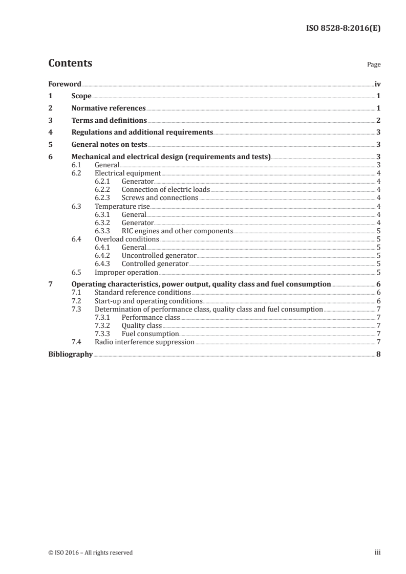 ISO 8528-8:2016 ISO 8528-8:2016 - Reciprocating internal combustion engine driven alternating current generating sets — Part 8: Requirements and tests for low-power generating sets/12/2016 - Page 3 preview