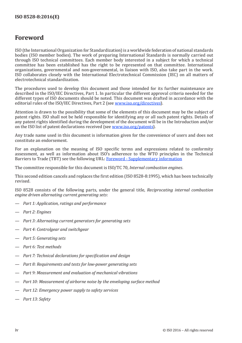 ISO 8528-8:2016 ISO 8528-8:2016 - Reciprocating internal combustion engine driven alternating current generating sets — Part 8: Requirements and tests for low-power generating sets/12/2016 - Page 4 preview