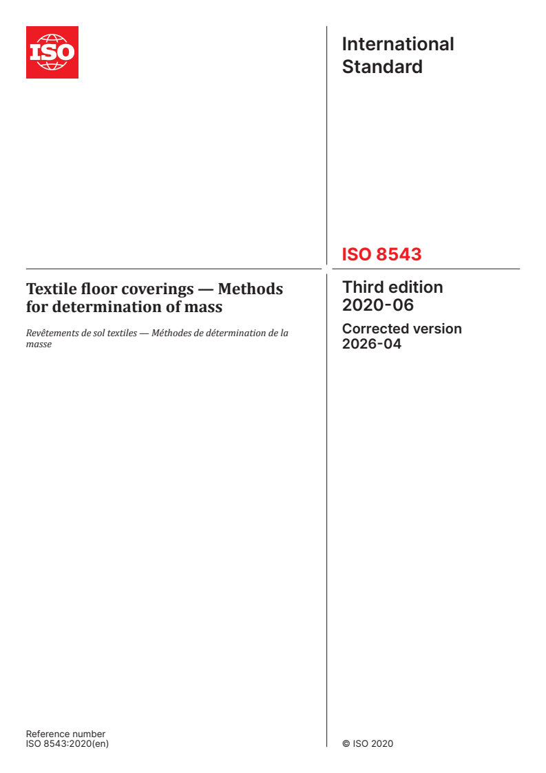 ISO 8543:2020 ISO 8543:2020 - Textile floor coverings — Methods for determination of mass - Page 1 preview