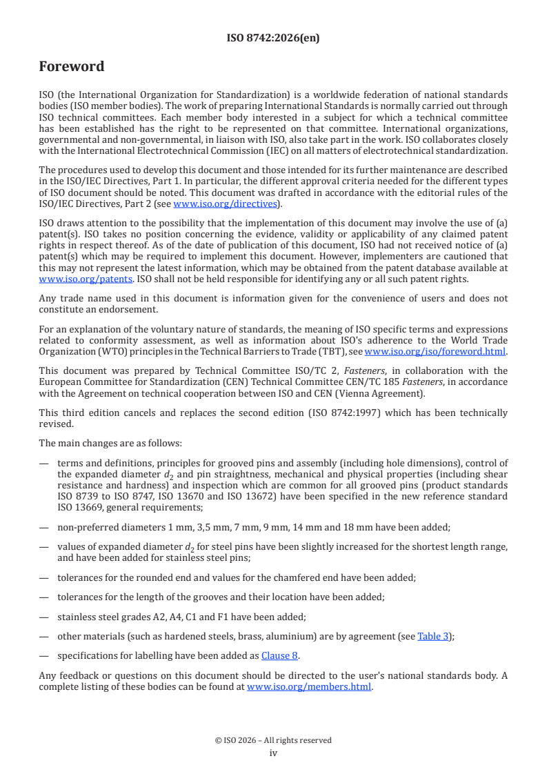 ISO 8742:2026 ISO 8742:2026 - Fasteners — Grooved pins — One-third-length center grooves - Page 4 preview
