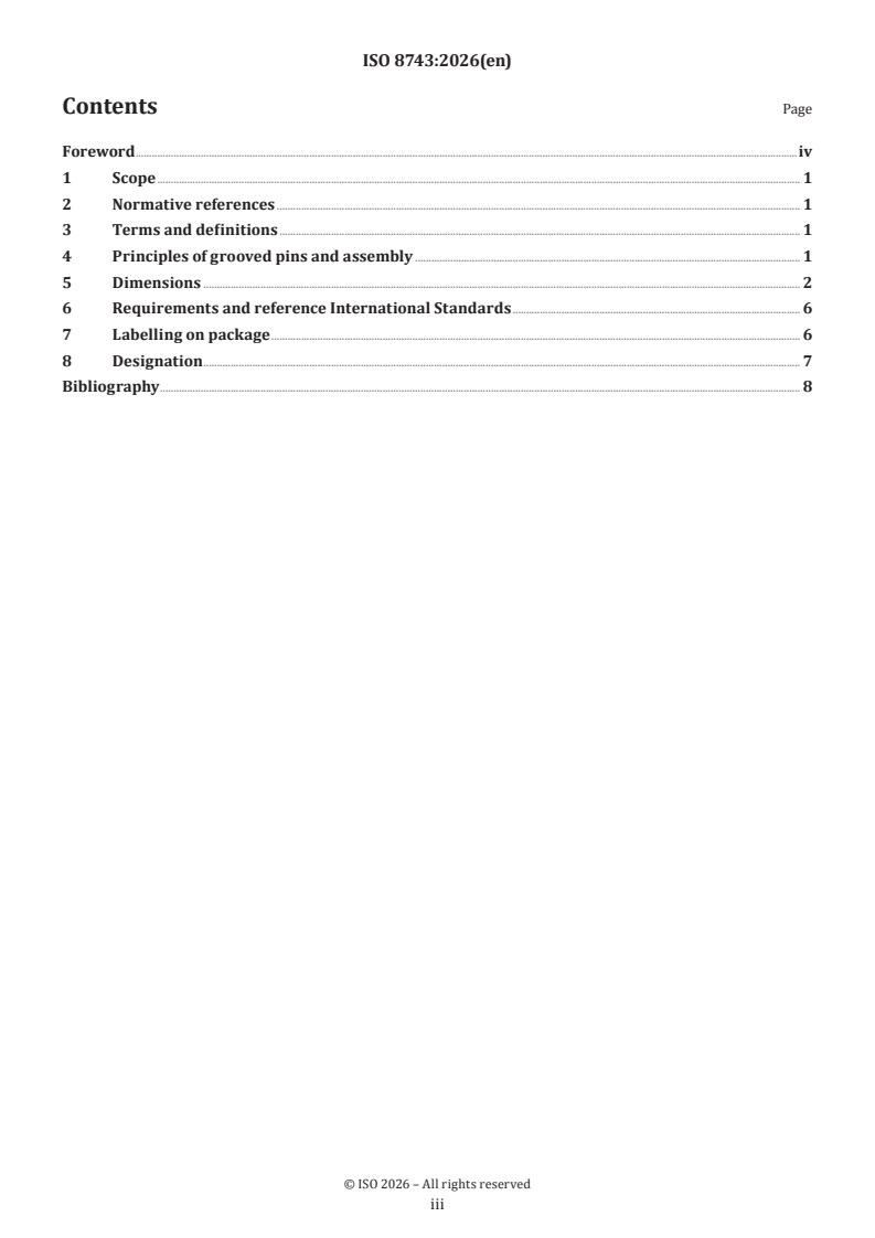 ISO 8743:2026 ISO 8743:2026 - Fasteners — Grooved pins — Half-length centre grooves - Page 3 preview