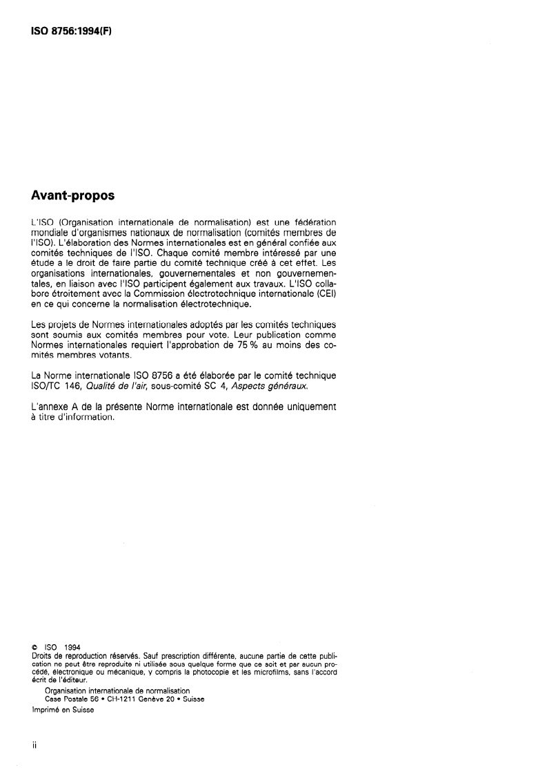 ISO 8756:1994 ISO 8756:1994 - Qualité de l'air — Traitement des données de température, de pression et d'humidité/20/1994 - Page 2 preview
