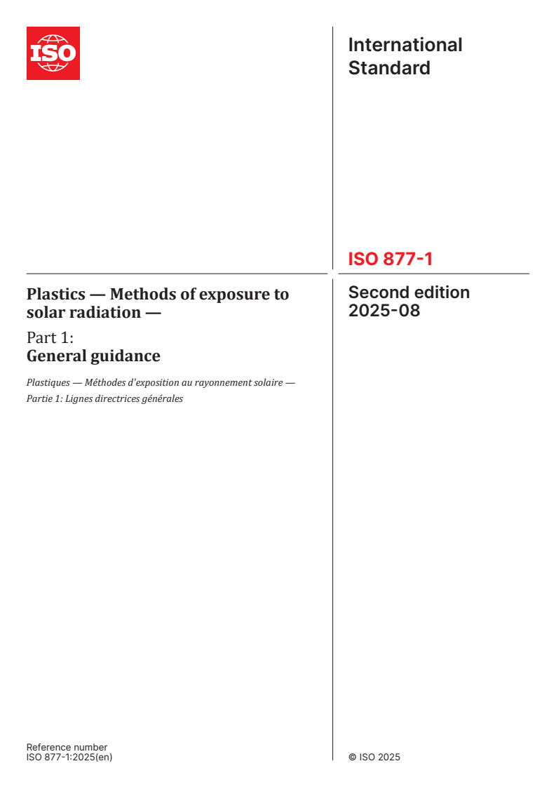 ISO 877-1:2025 - Plastics — Methods of exposure to solar radiation — Part 1: General guidance
Released:7. 08. 2025