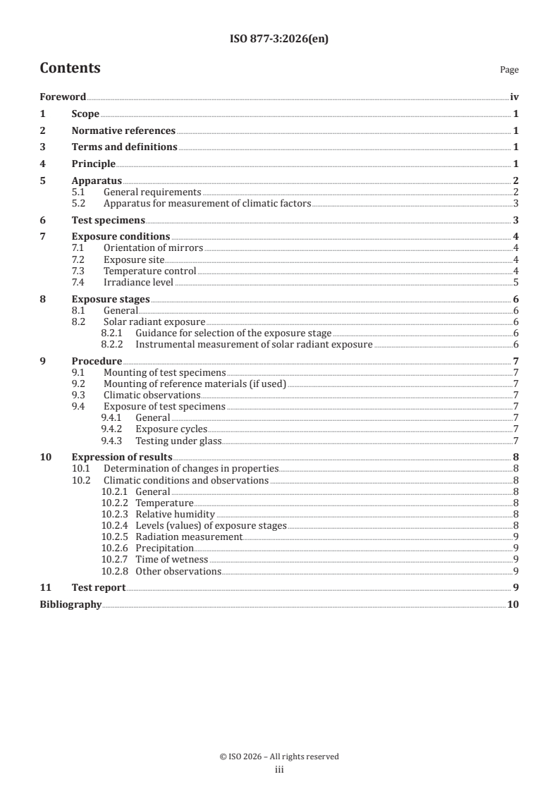 ISO 877-3:2026 ISO 877-3:2026 - Plastics — Methods of exposure to solar radiation — Part 3: Intensified weathering using concentrated solar radiation - Page 3 preview