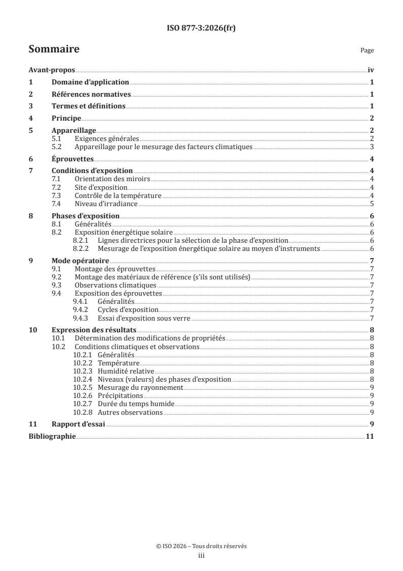 ISO 877-3:2026 ISO 877-3:2026 - Plastiques — Méthodes d'exposition au rayonnement solaire — Partie 3: Exposition intensifiée par rayonnement solaire concentré - Page 3 preview
