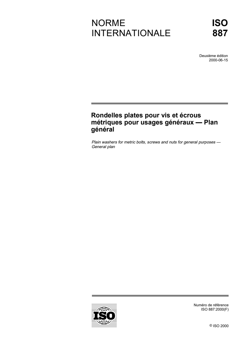ISO 887:2000 ISO 887:2000 - Rondelles plates pour vis et écrous métriques pour usages généraux — Plan général/8/2000 - Page 1 preview