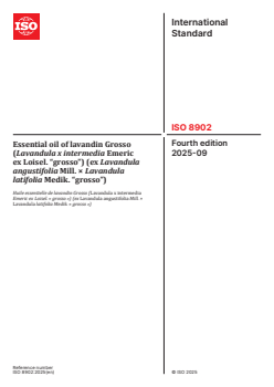 ISO 8902:2025 ISO 8902:2025 - Essential oil of lavandin Grosso (Lavandula x intermedia Emeric ex Loisel. “grosso”) (ex Lavandula angustifolia Mill. × Lavandula latifolia Medik. “grosso”)
Released:9/22/2025 - Page 1 preview
