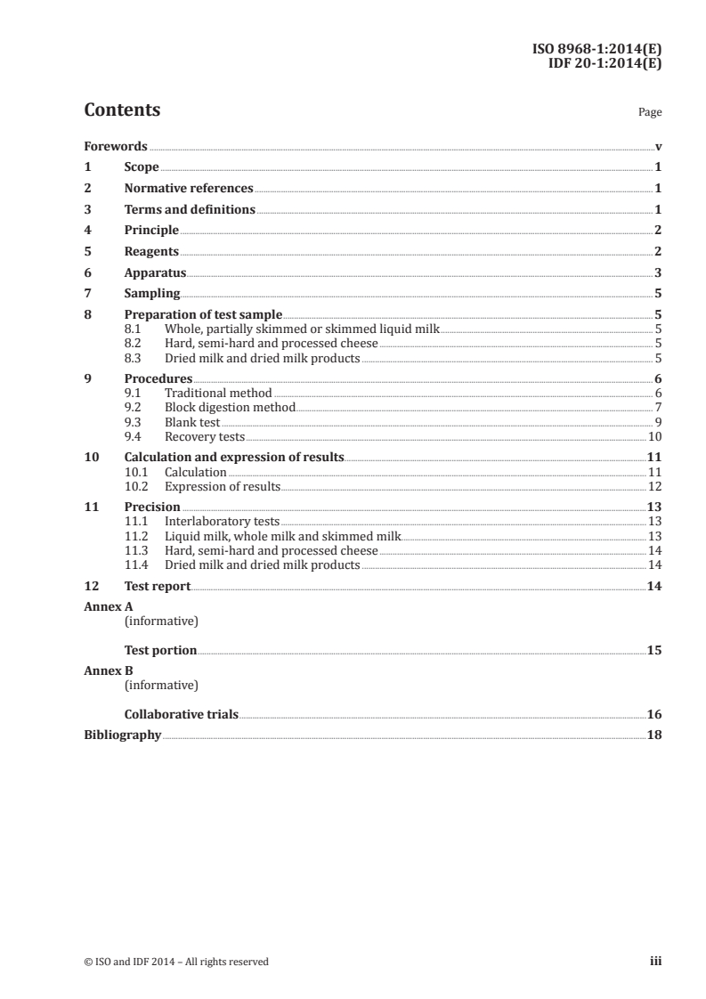ISO 8968-1:2014 ISO 8968-1:2014 - Milk and milk products — Determination of nitrogen content — Part 1: Kjeldahl principle and crude protein calculation/3/2014 - Page 3 preview