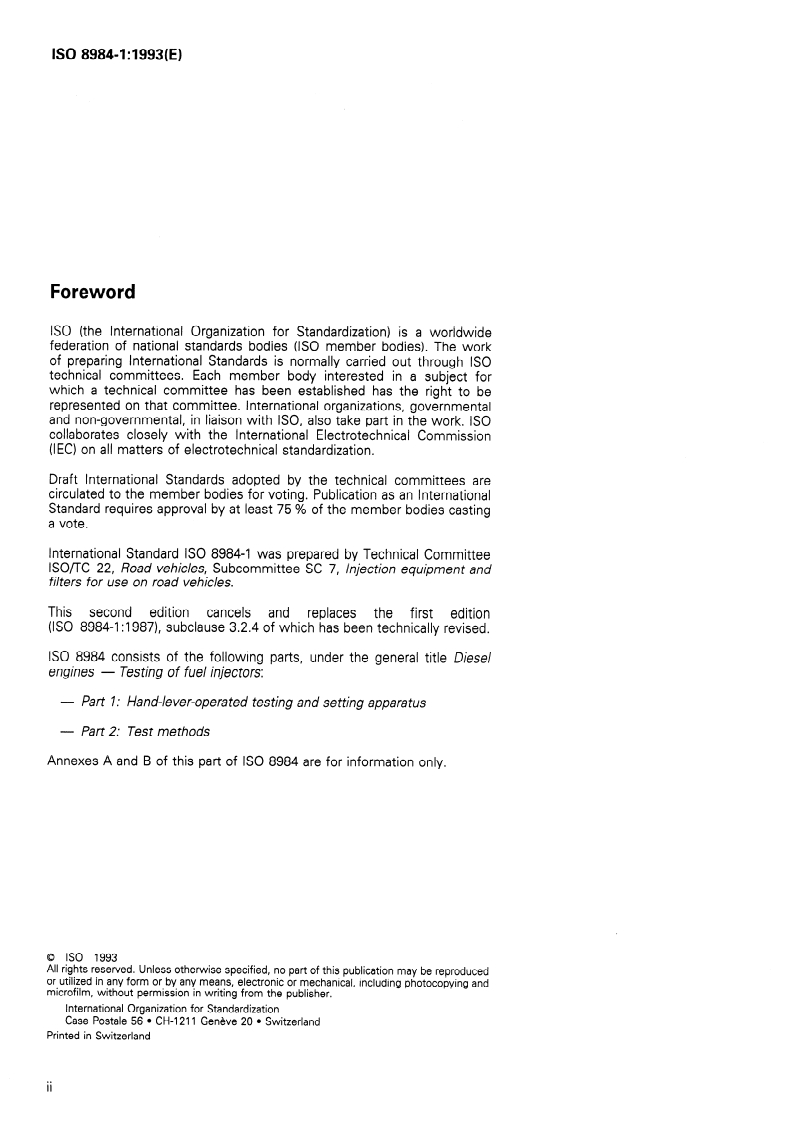ISO 8984-1:1993 ISO 8984-1:1993 - Diesel engines — Testing of fuel injectors — Part 1: Hand-lever-operated testing and setting apparatus/16/1993 - Page 2 preview
