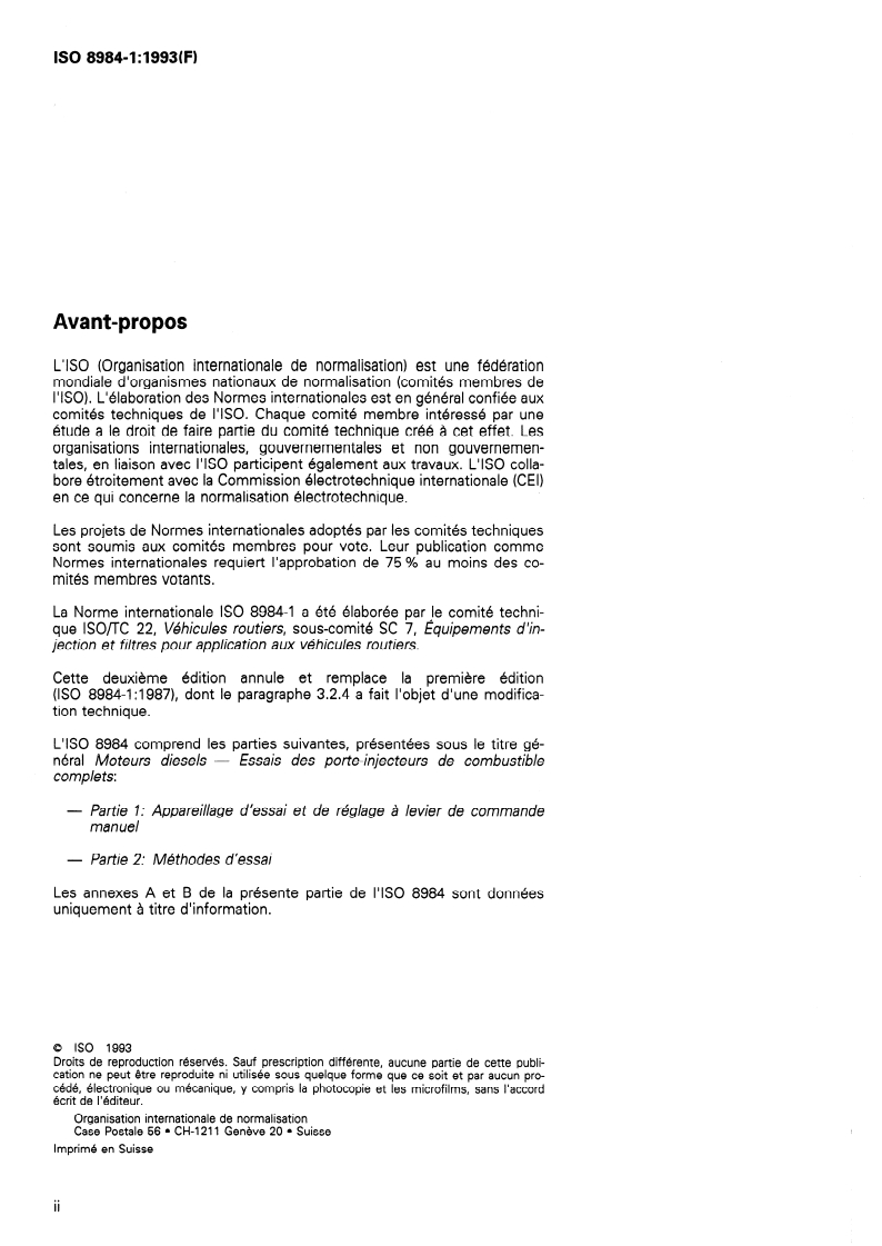 ISO 8984-1:1993 ISO 8984-1:1993 - Moteurs diesels — Essais des porte-injecteurs de combustible complets — Partie 1: Appareillage d'essai et de réglage à levier de commande manuel/16/1993 - Page 2 preview