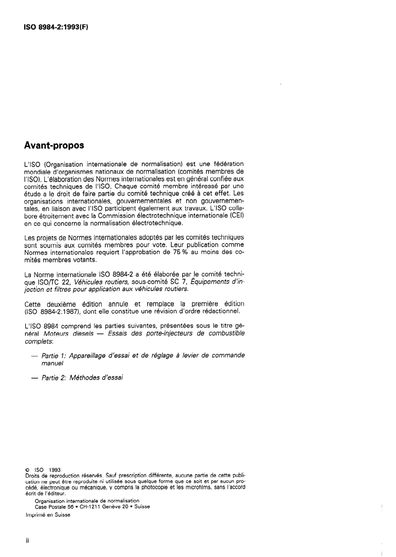 ISO 8984-2:1993 ISO 8984-2:1993 - Moteurs diesels — Essais des porte-injecteurs de combustible complets — Partie 2: Méthodes d'essai/16/1993 - Page 2 preview