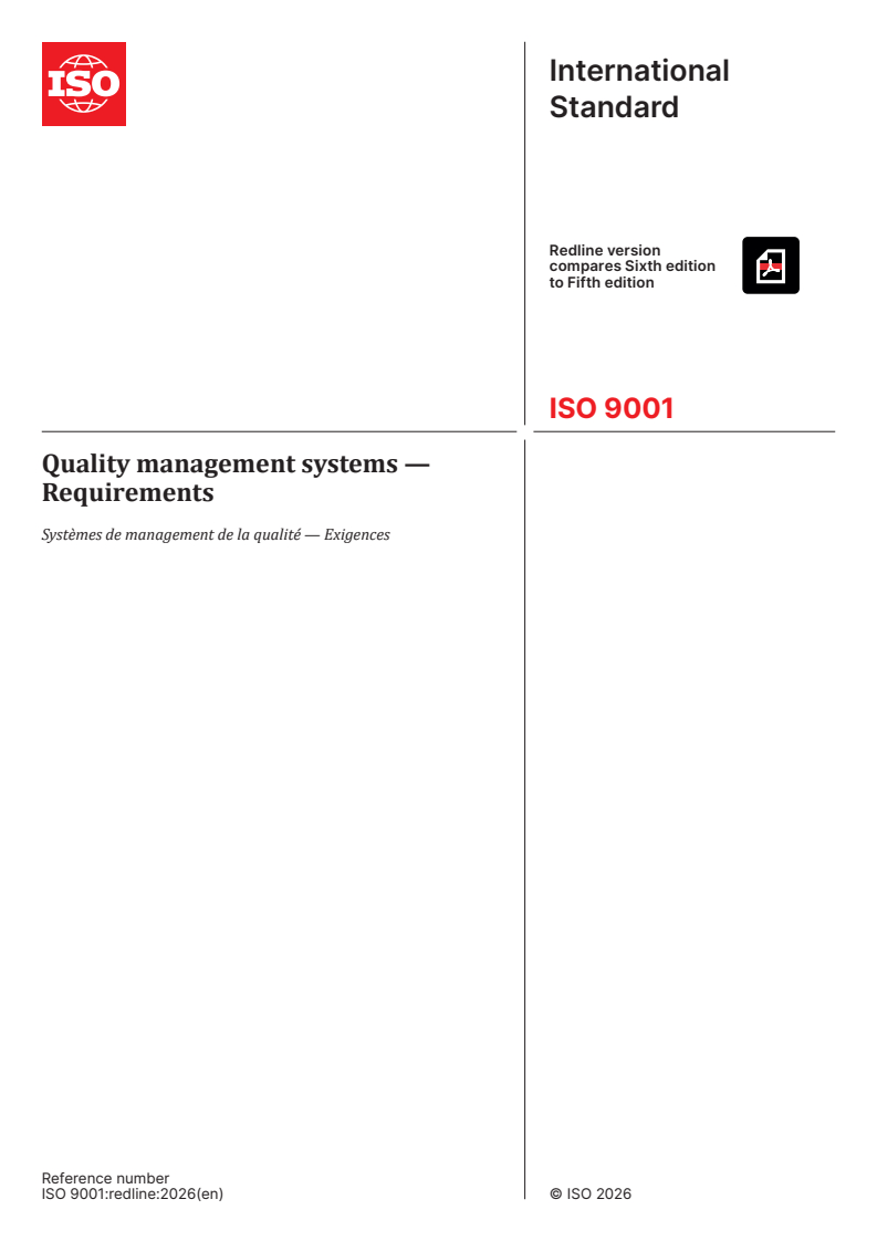 ISO 9001:2026 REDLINE ISO 9001:2026 - Quality management systems — Requirements - Page 1 preview