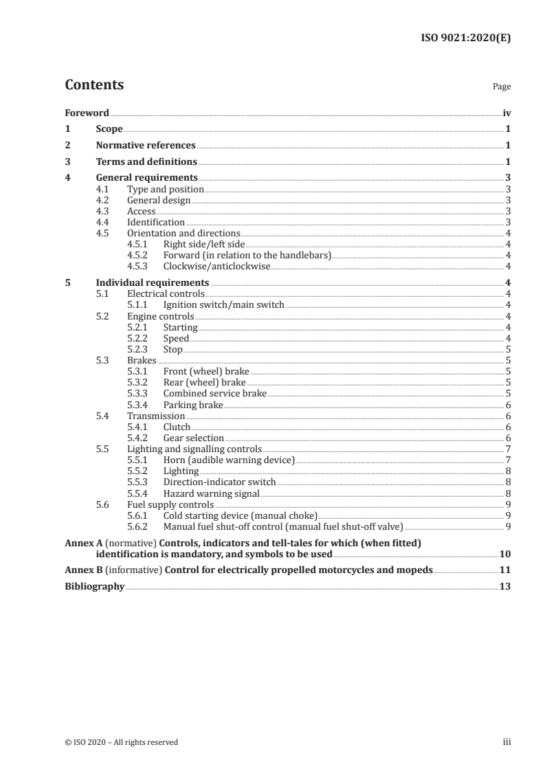 ISO 9021:2020 ISO 9021:2020 - Motorcycles and mopeds — Controls — Types, positions and functions/25/2020 - Page 3 preview