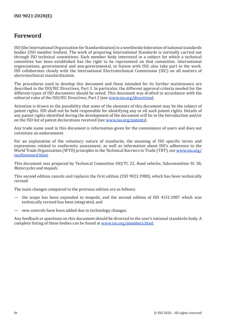 ISO 9021:2020 ISO 9021:2020 - Motorcycles and mopeds — Controls — Types, positions and functions/25/2020 - Page 4 preview