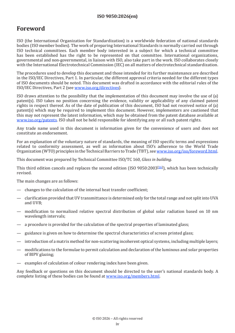 ISO 9050:2026 ISO 9050:2026 - Glass in building — Determination of luminous and solar characteristics of glazing - Page 4 preview