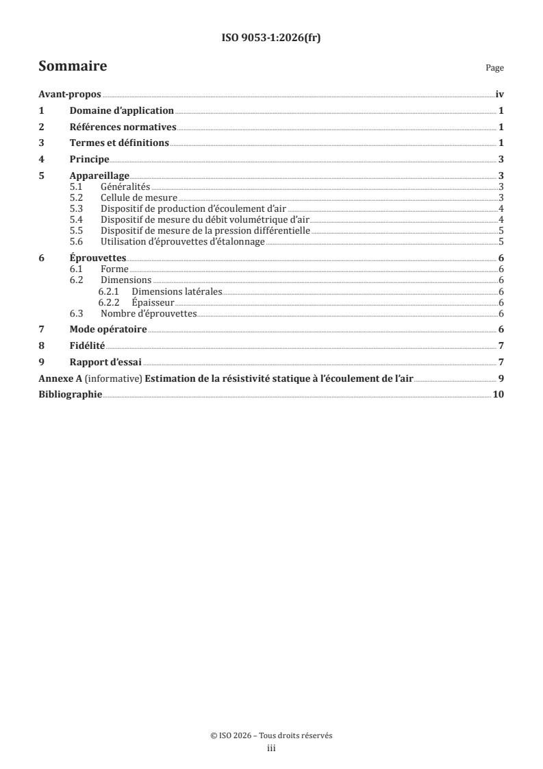 ISO 9053-1:2026 ISO 9053-1:2026 - Acoustique — Détermination de la résistance à l'écoulement de l'air — Partie 1: Méthode statique - Page 3 preview