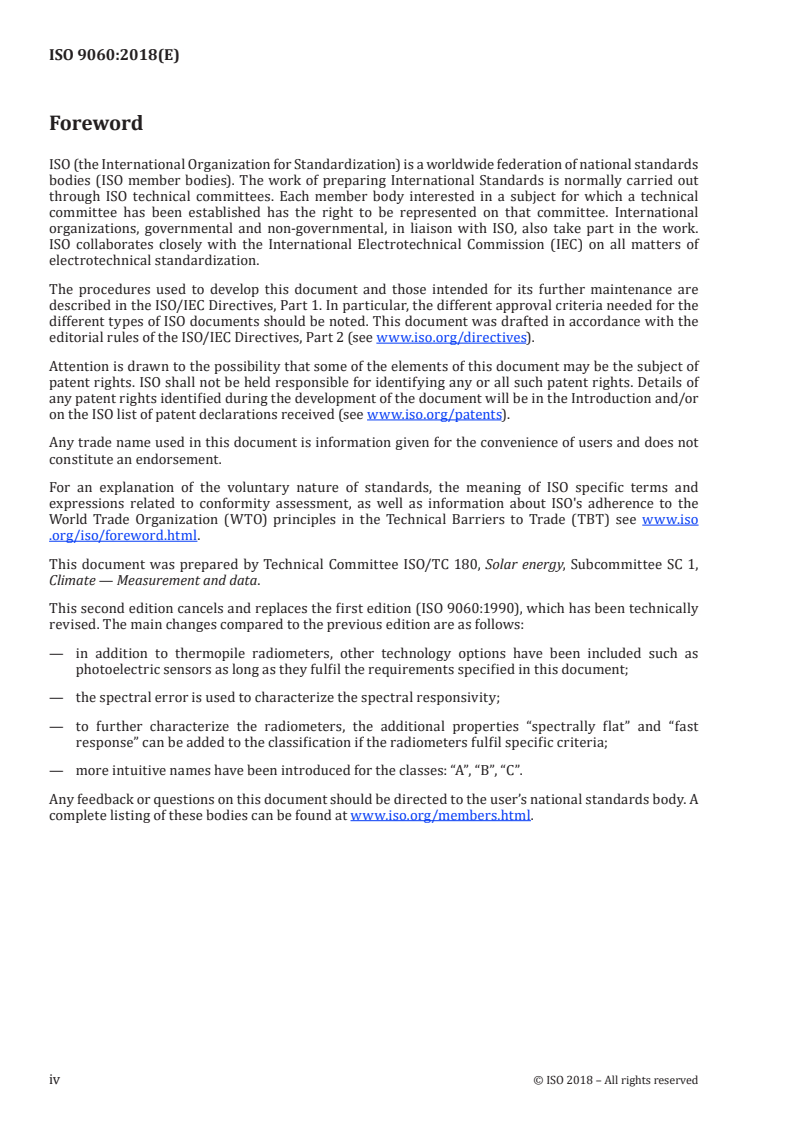 ISO 9060:2018 ISO 9060:2018 - Solar energy — Specification and classification of instruments for measuring hemispherical solar and direct solar radiation/14/2018 - Page 4 preview
