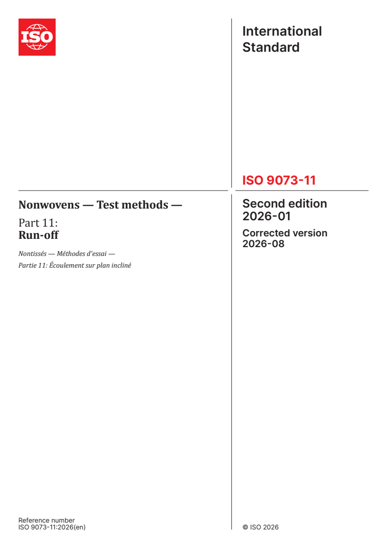 ISO 9073-11:2026 ISO 9073-11:2026 - Nonwovens — Test methods — Part 11: Run-off - Page 1 preview