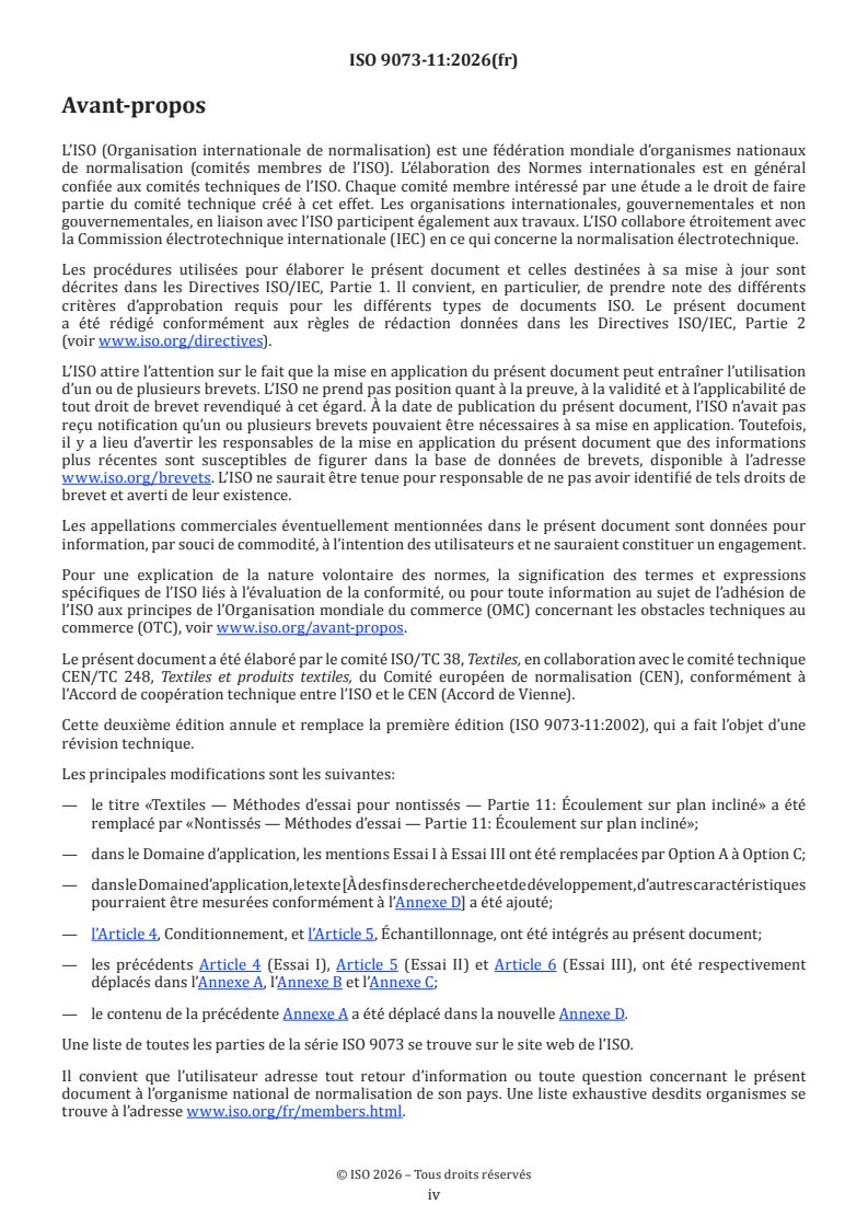 ISO 9073-11:2026 ISO 9073-11:2026 - Nontissés — Méthodes d'essai — Partie 11: Écoulement sur plan incliné - Page 4 preview