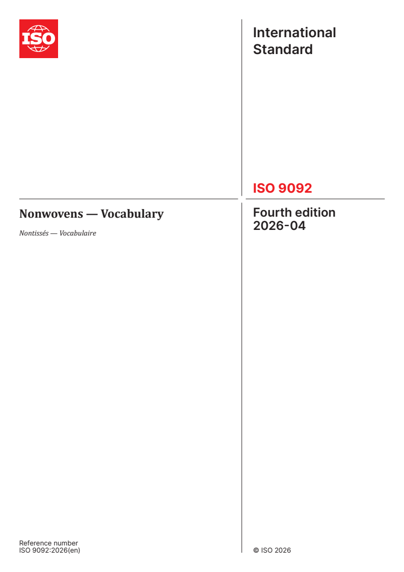 ISO 9092:2026 ISO 9092:2026 - Nonwovens — Vocabulary - Page 1 preview