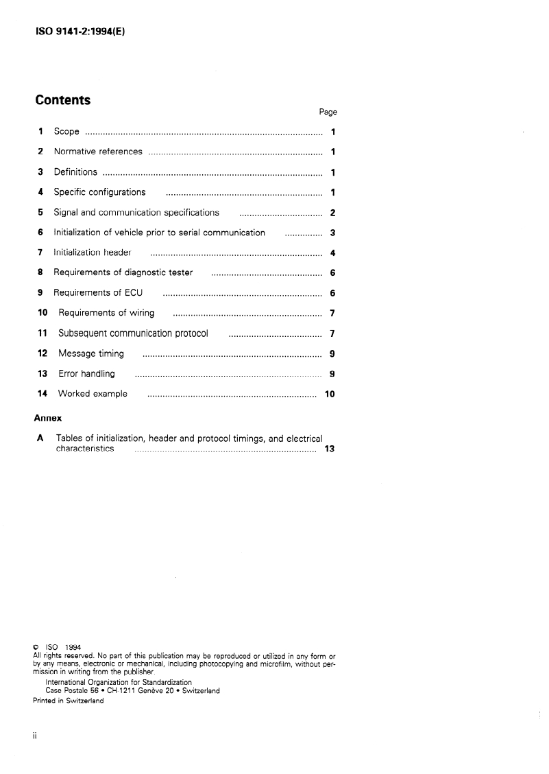 ISO 9141-2:1994 ISO 9141-2:1994 - Road vehicles — Diagnostic systems — Part 2: CARB requirements for interchange of digital information/3/1994 - Page 2 preview