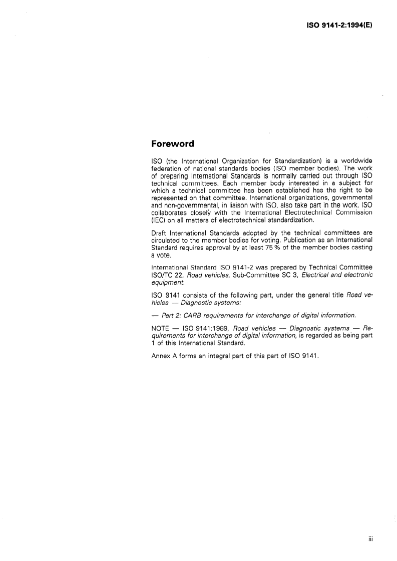 ISO 9141-2:1994 ISO 9141-2:1994 - Road vehicles — Diagnostic systems — Part 2: CARB requirements for interchange of digital information/3/1994 - Page 3 preview