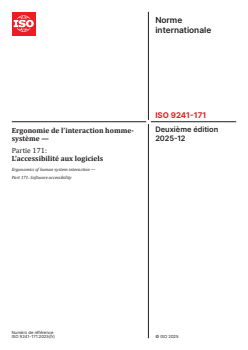 ISO 9241-171:2025 - Ergonomie de l’interaction homme-système — Partie 171: L’accessibilité aux logiciels
Released:12/5/2025 - Page 1 preview
