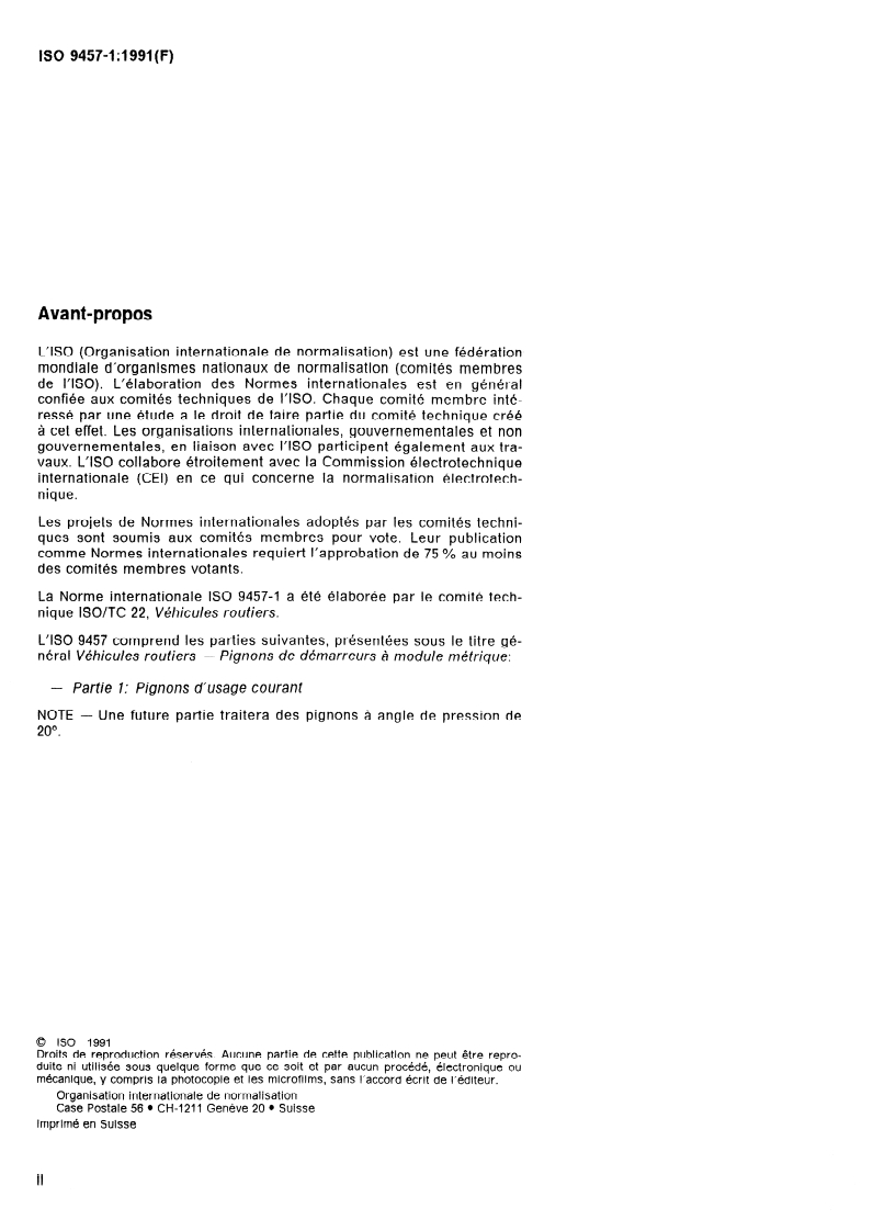 ISO 9457-1:1991 ISO 9457-1:1991 - Véhicules routiers — Pignons de démarreurs à module métrique — Partie 1: Pignons d'usage courant/25/1991 - Page 2 preview