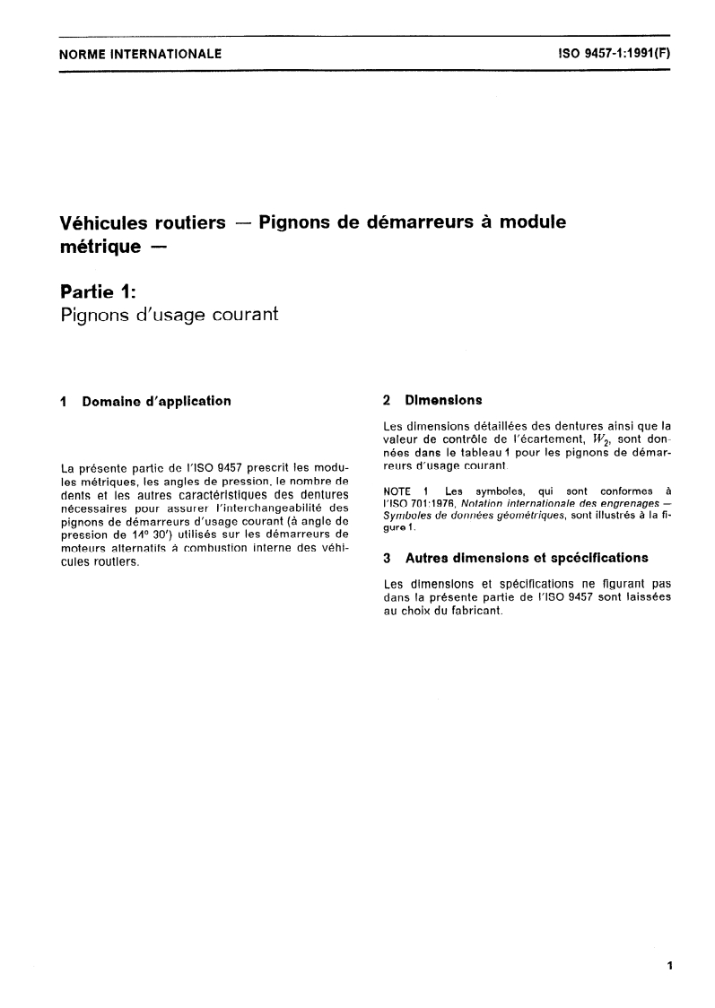ISO 9457-1:1991 ISO 9457-1:1991 - Véhicules routiers — Pignons de démarreurs à module métrique — Partie 1: Pignons d'usage courant/25/1991 - Page 3 preview