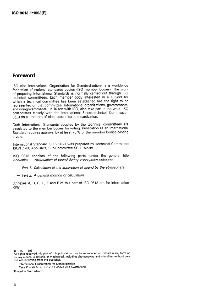 ISO 9613-1:1993 ISO 9613-1:1993 - Acoustics — Attenuation of sound during propagation outdoors — Part 1: Calculation of the absorption of sound by the atmosphere/3/1993 - Page 2 preview