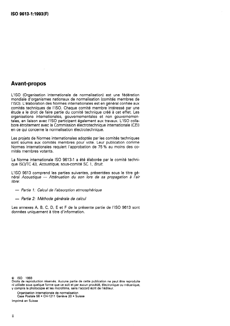 ISO 9613-1:1993 ISO 9613-1:1993 - Acoustique — Atténuation du son lors de sa propagation à l'air libre — Partie 1: Calcul de l'absorption atmosphérique/3/1993 - Page 2 preview