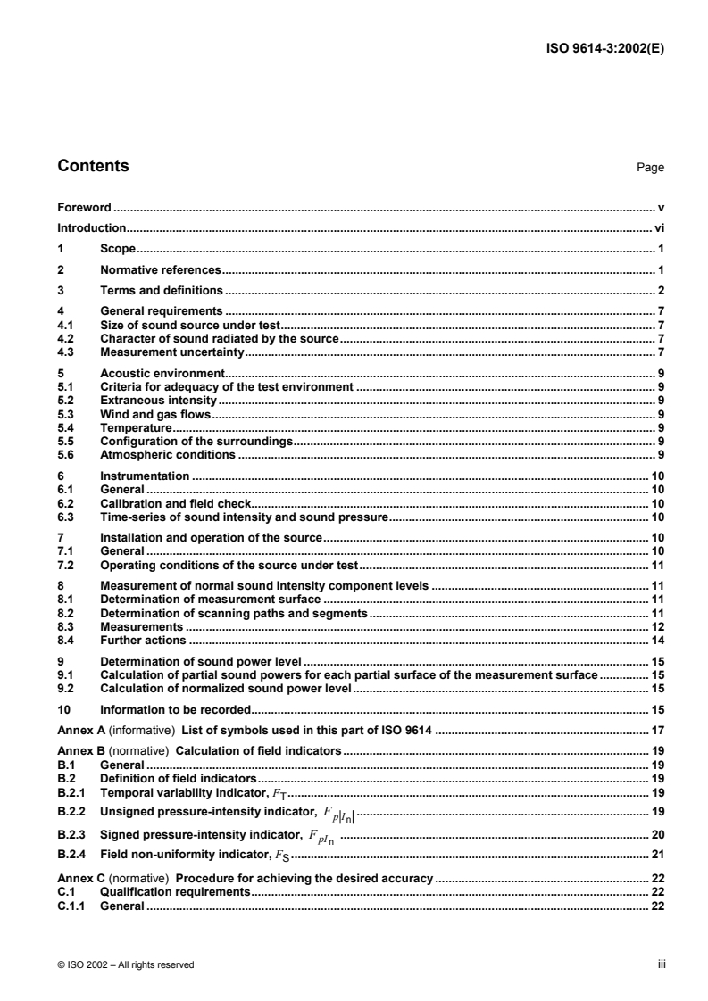 ISO 9614-3:2002 ISO 9614-3:2002 - Acoustics — Determination of sound power levels of noise sources using sound intensity — Part 3: Precision method for measurement by scanning/22/2002 - Page 3 preview
