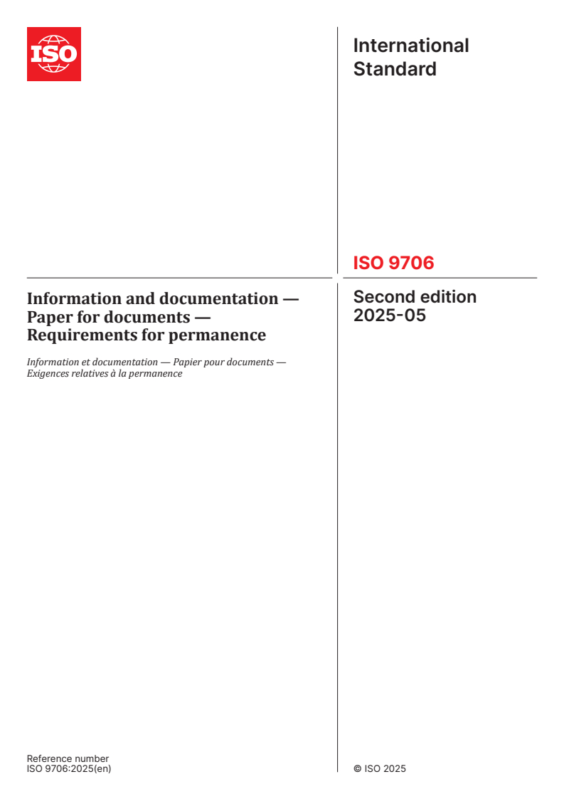 ISO 9706:2025 - Information and documentation — Paper for documents — Requirements for permanence
Released:29. 05. 2025