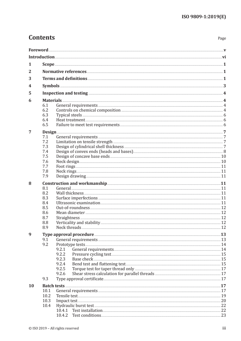 ISO 9809-1:2019 ISO 9809-1:2019 - Gas cylinders — Design, construction and testing of refillable seamless steel gas cylinders and tubes — Part 1: Quenched and tempered steel cylinders and tubes with tensile strength less than 1 100 MPa/22/2019 - Page 3 preview