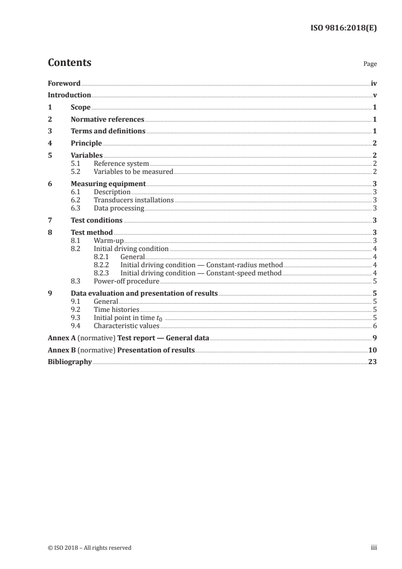 ISO 9816:2018 ISO 9816:2018 - Passenger cars — Power-off reaction of a vehicle in a turn — Open-loop test method/20/2018 - Page 3 preview