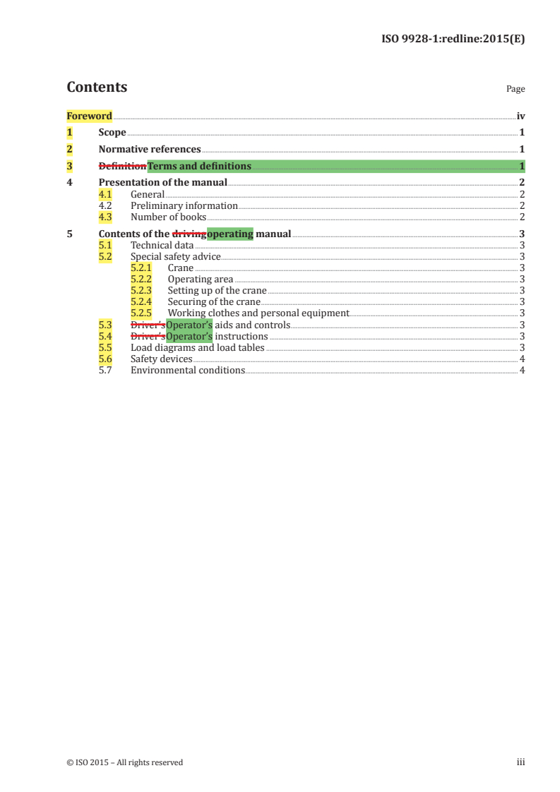 ISO 9928-1:2015 REDLINE ISO 9928-1:2015 - Cranes — Crane operating manual — Part 1: General/9/2015 - Page 3 preview