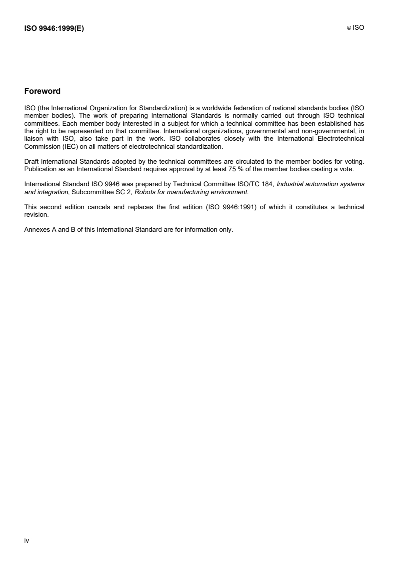ISO 9946:1999 ISO 9946:1999 - Manipulating industrial robots — Presentation of characteristics/25/1999 - Page 4 preview