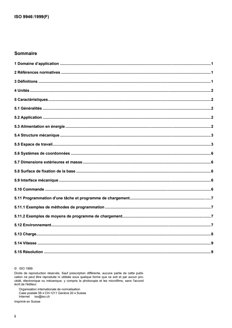 ISO 9946:1999 ISO 9946:1999 - Robots manipulateurs industriels — Présentation des caractéristiques/25/1999 - Page 2 preview