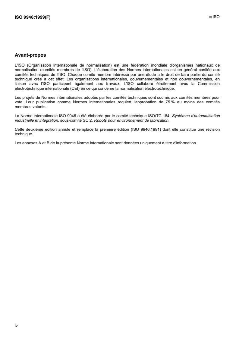 ISO 9946:1999 ISO 9946:1999 - Robots manipulateurs industriels — Présentation des caractéristiques/25/1999 - Page 4 preview