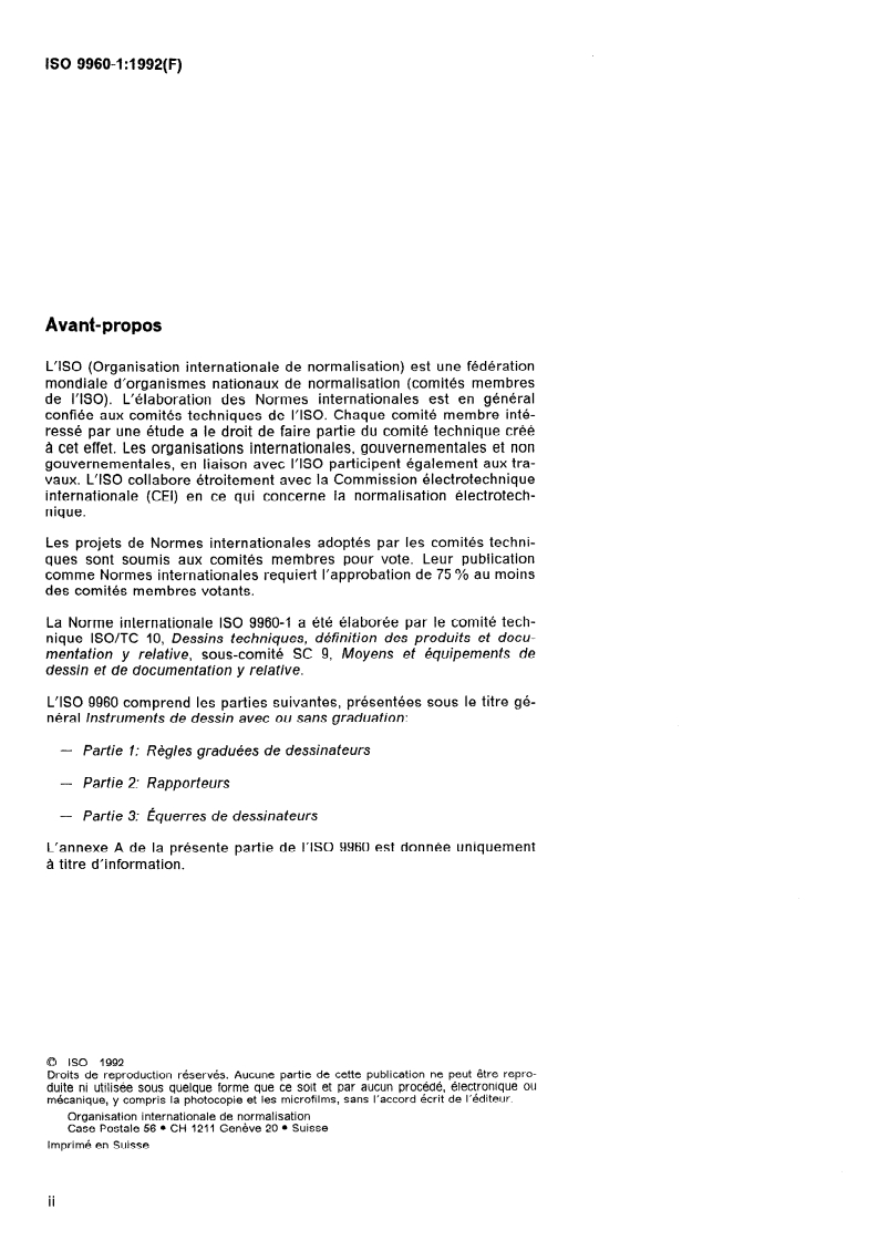 ISO 9960-1:1992 ISO 9960-1:1992 - Instruments de dessin avec ou sans graduation — Partie 1: Règles graduées de dessinateurs/9/1992 - Page 2 preview