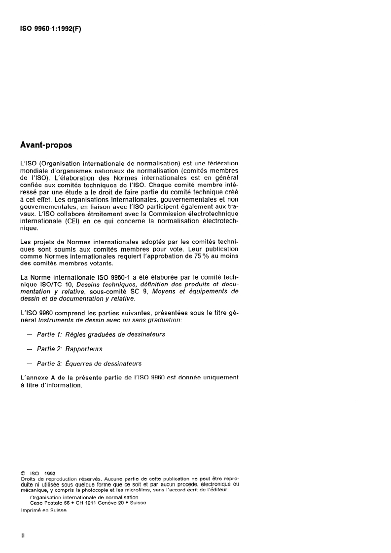 ISO 9960-1:1992 ISO 9960-1:1992 - Instruments de dessin avec ou sans graduation — Partie 1: Règles graduées de dessinateurs/9/1992 - Page 2 preview