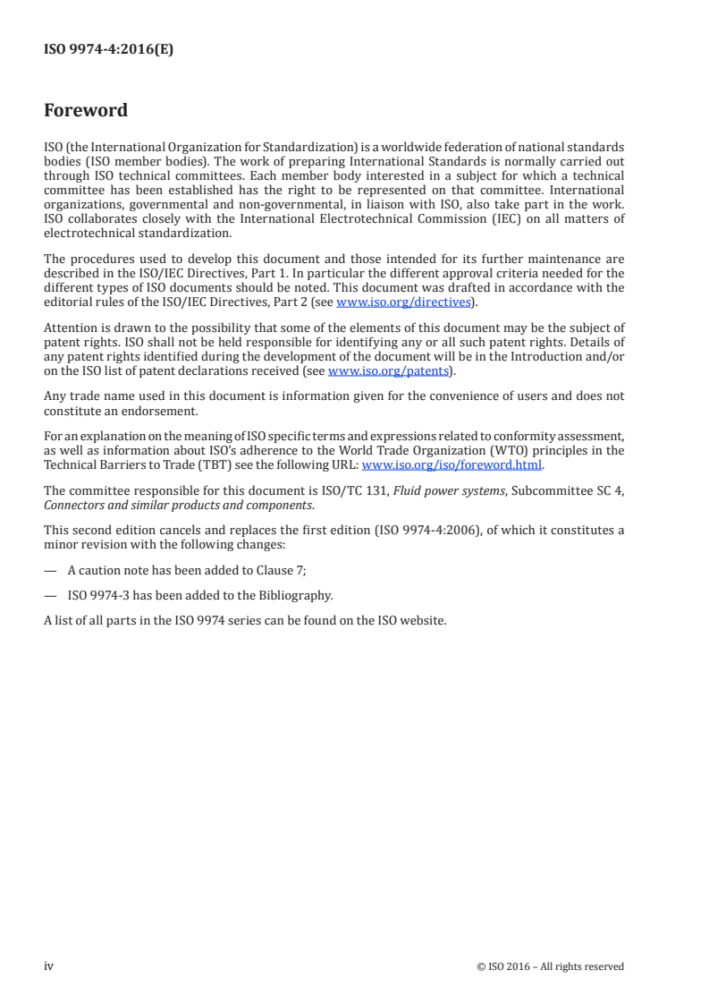 ISO 9974-4:2016 ISO 9974-4:2016 - Connections for general use and fluid power — Ports and stud ends with ISO 261 threads with elastomeric or metal-to-metal sealing — Part 4: Dimensions, design, test methods and requirements for external hex and internal hex port plugs/24/2016 - Page 4 preview