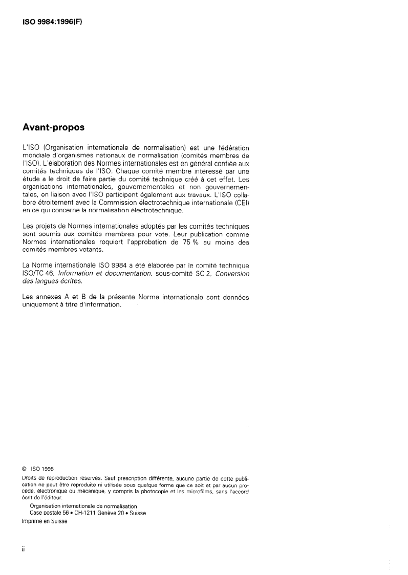 ISO 9984:1996 ISO 9984:1996 - Information et documentation — Translittération des caractères géorgiens en caractères latins/26/1996 - Page 2 preview