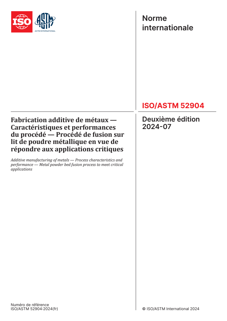 ISO/ASTM 52904:2024 - Fabrication additive de métaux — Caractéristiques et performances du procédé — Procédé de fusion sur lit de poudre métallique en vue de répondre aux applications critiques
Released:4. 07. 2024