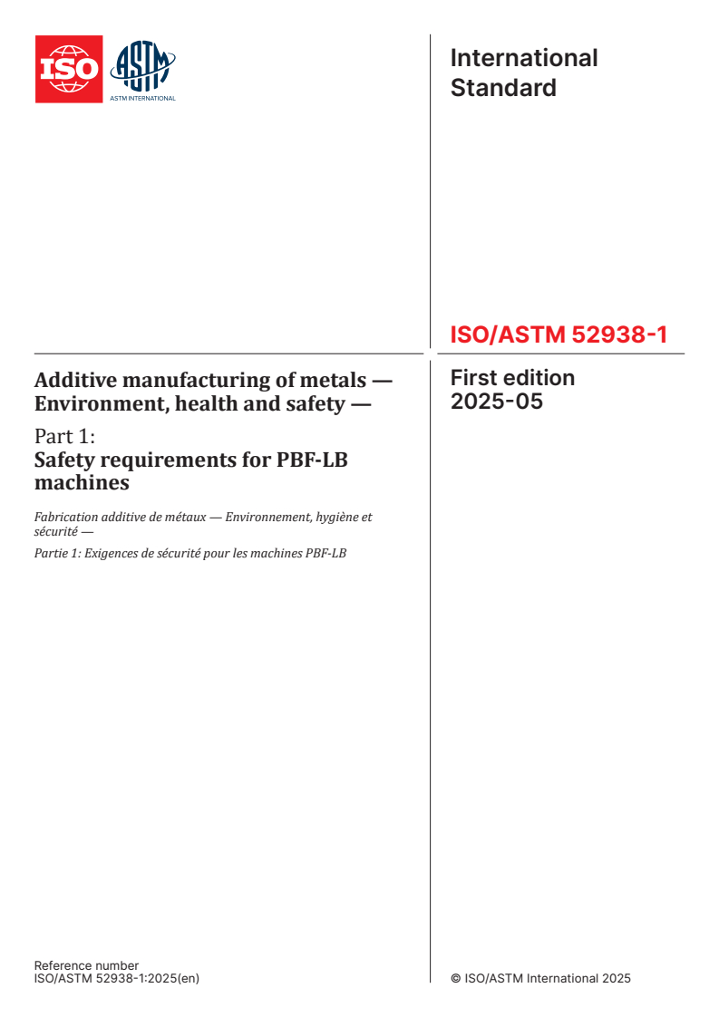 ISO/ASTM 52938-1:2025 - Additive manufacturing of metals — Environment, health and safety — Part 1: Safety requirements for PBF-LB machines
Released:28. 05. 2025