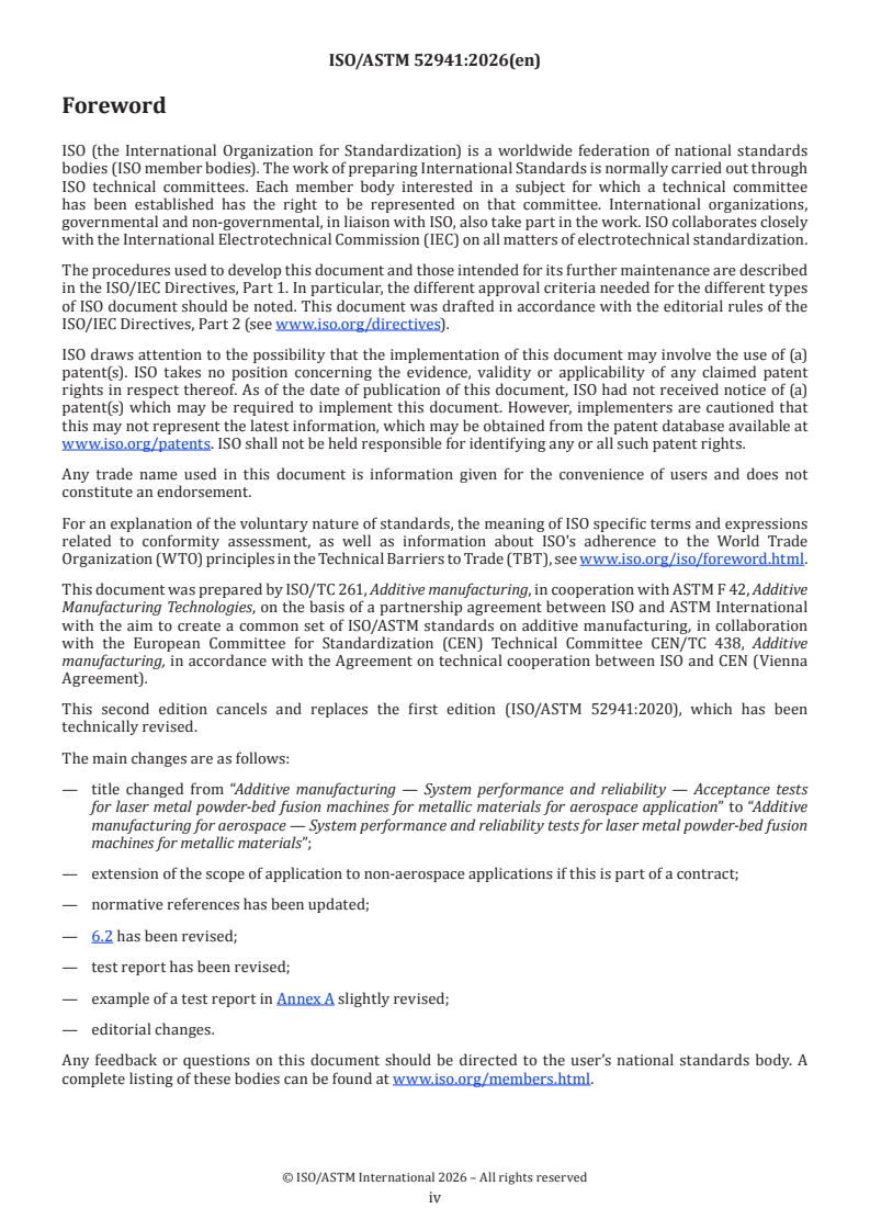 ISO/ASTM 52941:2026 ISO/ASTM 52941:2026 - Additive manufacturing for aerospace — System performance and reliability tests for laser metal powder-bed fusion machines for metallic materials - Page 4 preview