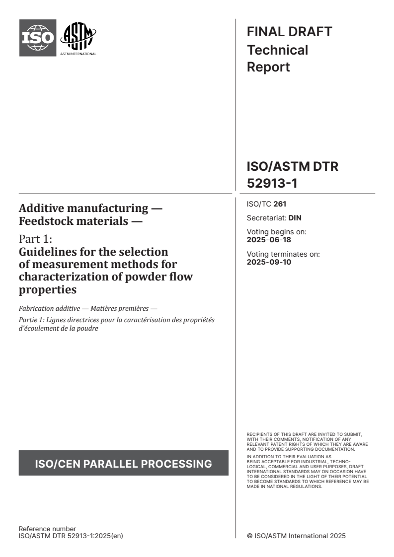 ISO/ASTM DTR 52913-1 - Additive manufacturing — Feedstock materials — Part 1: Guidelines for the selection of measurement methods for characterization of powder flow properties
Released:4. 06. 2025