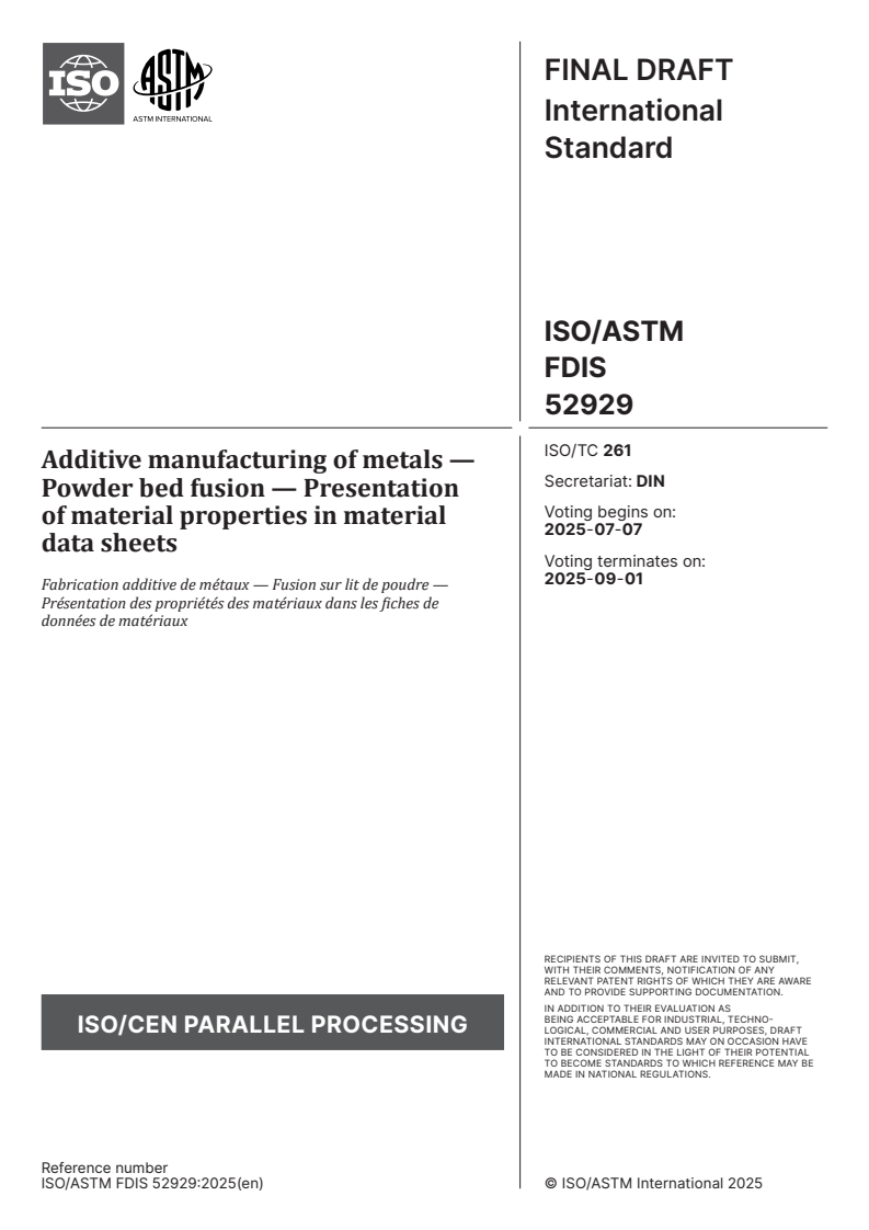 ISO/ASTM FDIS 52929 - Additive manufacturing of metals — Powder bed fusion — Presentation of material properties in material data sheets
Released:23. 06. 2025